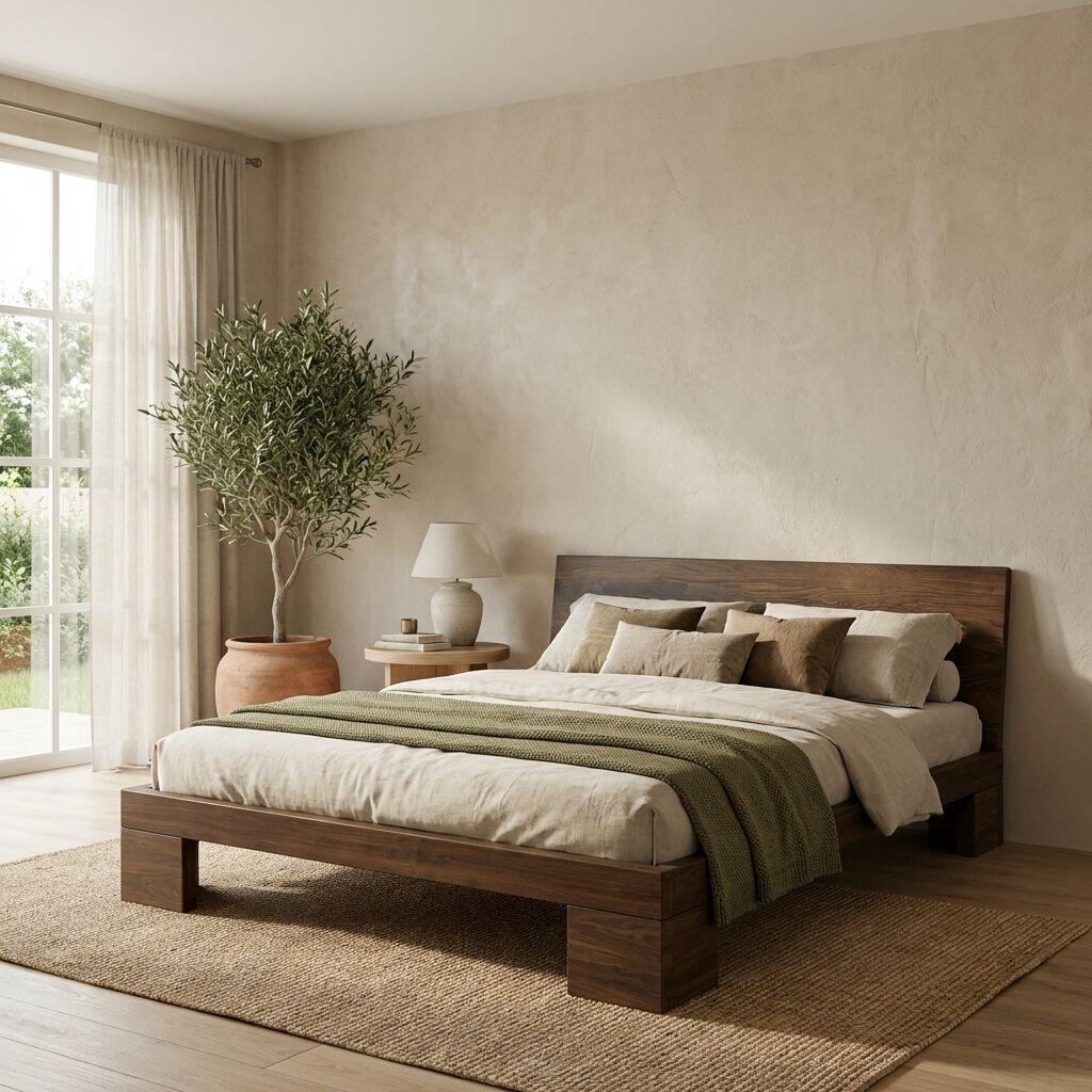 Letto Feng Zen noce scuro con testiera in una camera da letto moderna e sofisticata.