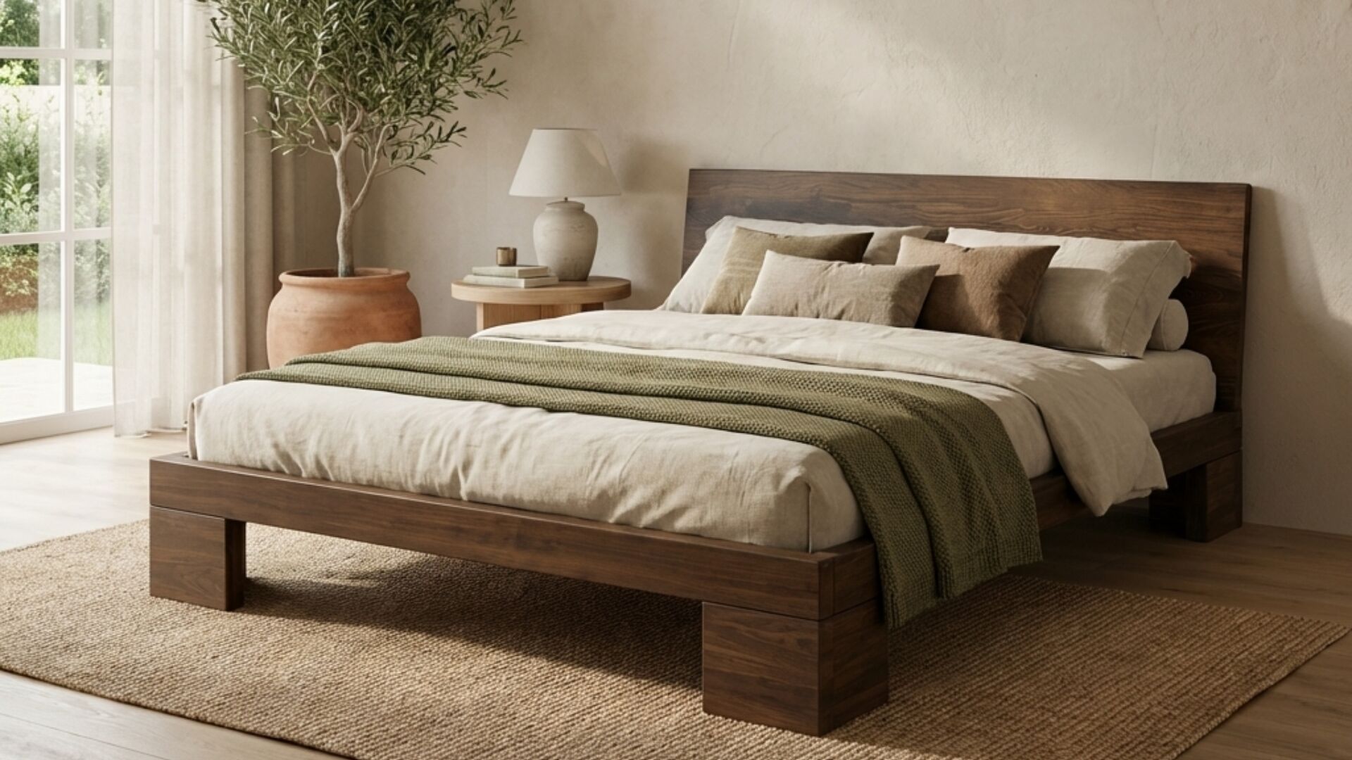 Letto Yuki Bed in legno color noce con futon naturale all'interno di una camera da letto luminosa.